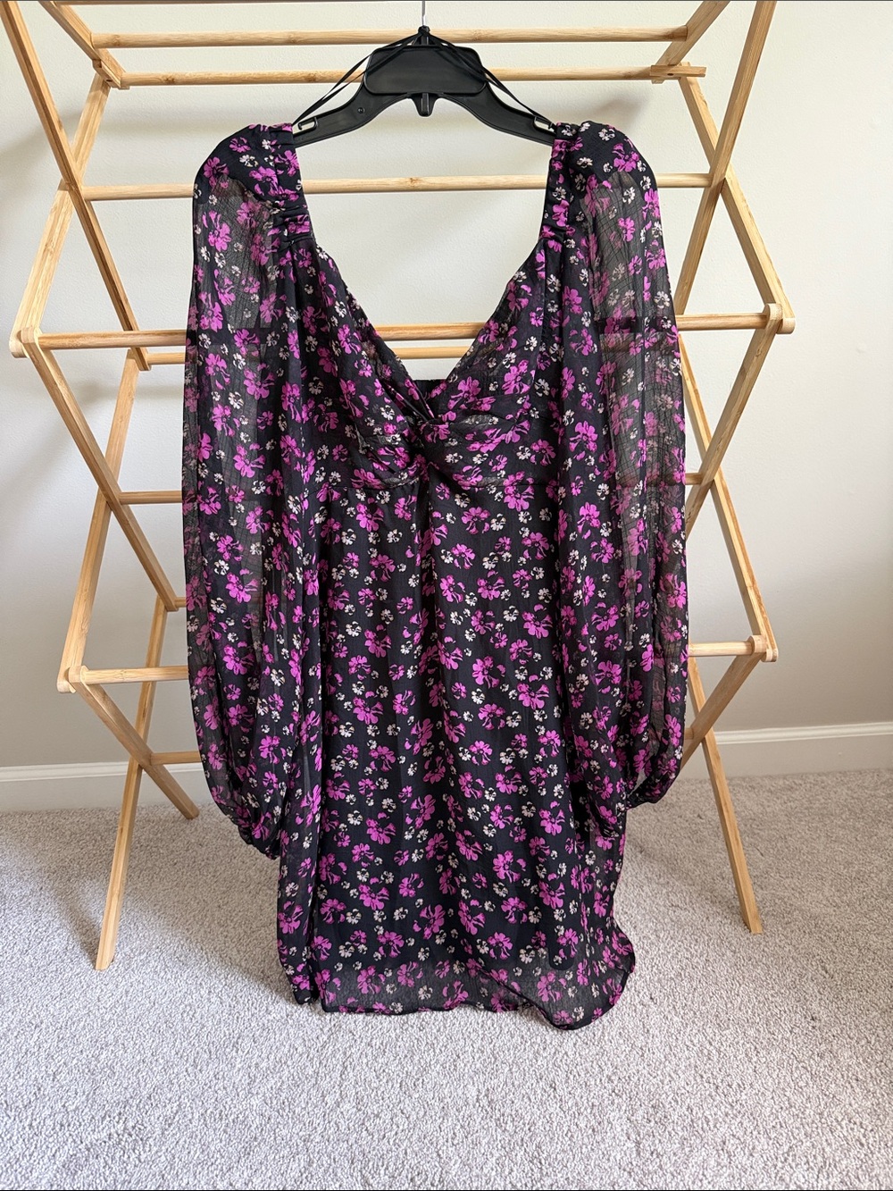 Astr Black Floral Blouse with Fuchsia Accents